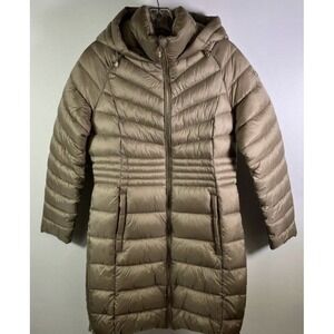 Michael Kors Chevron Quilted Nylon Puffer Coat Jacket Gold Tan Hooded XS NWT